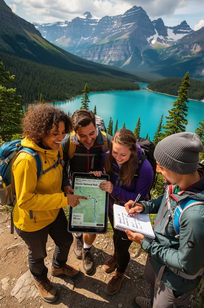 Traveler using a digital planner app to organize overnight stops along a national park road trip itinerary.
